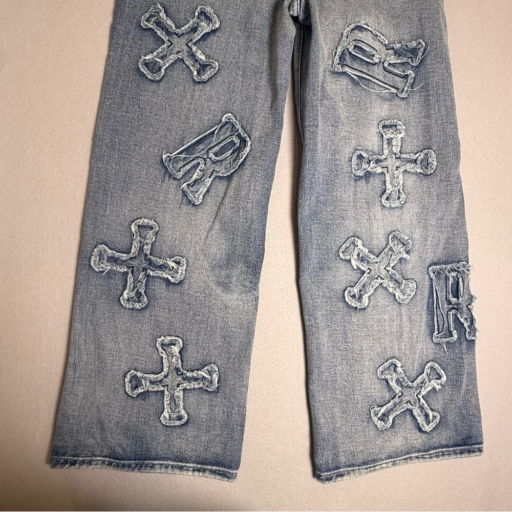 ROWME JEANS Patched Grunge Punk Letter Pattern Distressed Wide Leg Baggy 2 XS - Picture 10 of 11